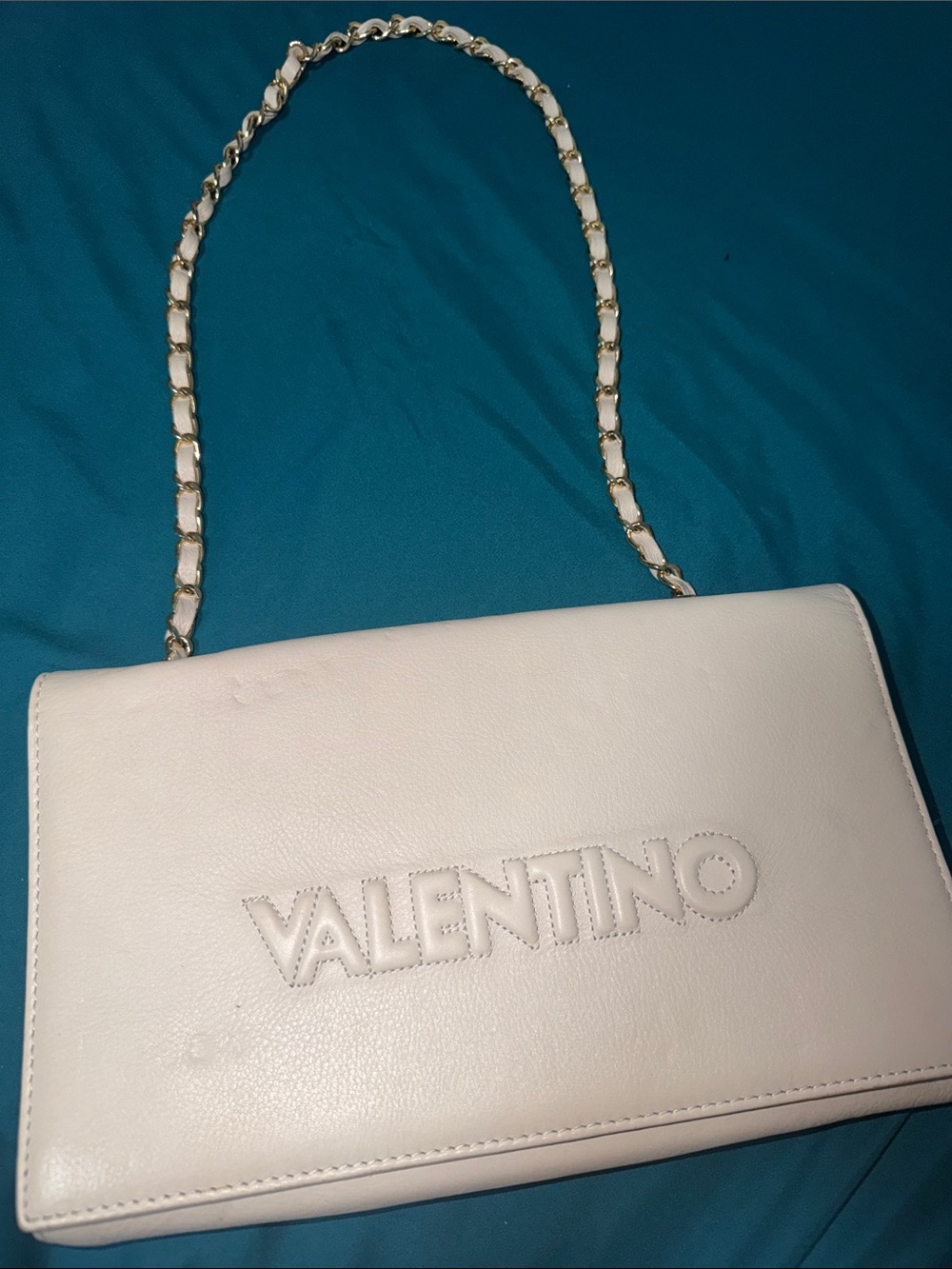 Valentino Cream Leather Chain-Trim Shoulder Bag